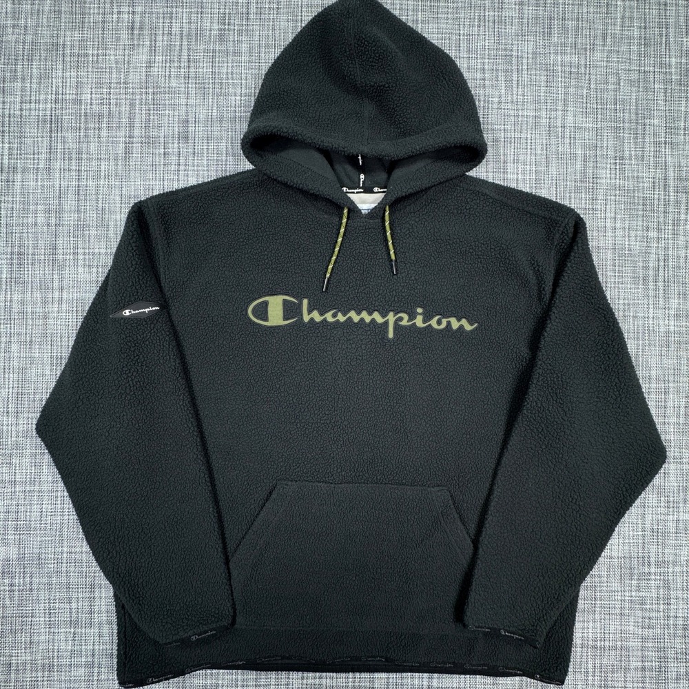 Champion Sherpa Hoodie Mens XL Black Olive Script Logo Fleece Pullover Pouch